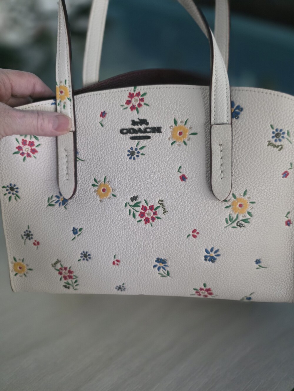 COACH Cream Floral Pebbled Leather Satchel